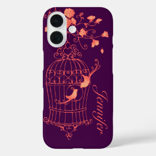 Birds and cage orange & purple name iPhone case