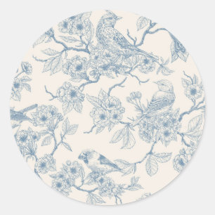 Birds and cherry blossom in blue and off white classic round sticker