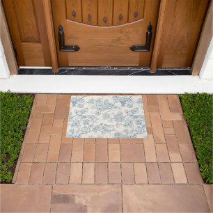 Birds and cherry blossom in blue and off white doormat