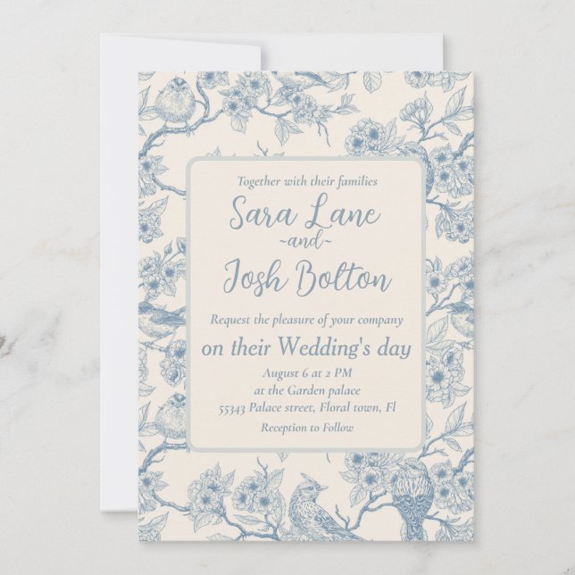 Birds and cherry blossom in blue and off white invitation (Front)