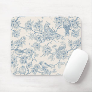 Birds and cherry blossom in blue and off white mouse mat
