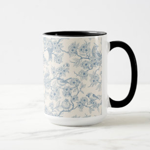 Birds and cherry blossom in blue and off white mug