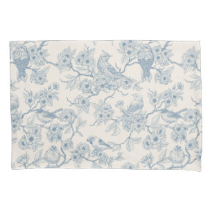 Birds and cherry blossom in blue and off white pillowcase