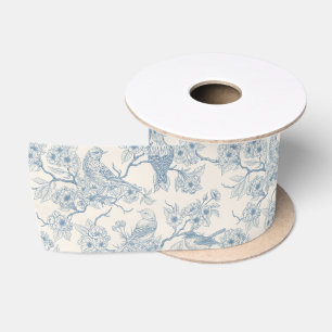 Birds and cherry blossom in blue and off white satin ribbon