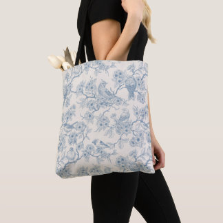 Birds and cherry blossom in blue and off white tote bag