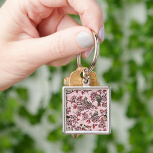 Birds and cherry blossom on rose pink key ring