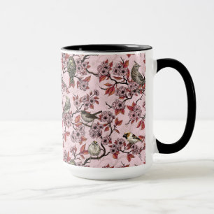 Birds and cherry blossom on rose pink mug