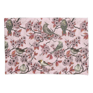 Birds and cherry blossom on rose pink pillowcase