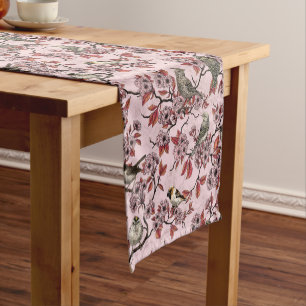 Birds and cherry blossom on rose pink short table runner