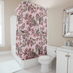 Birds and cherry blossom on rose pink shower curtain