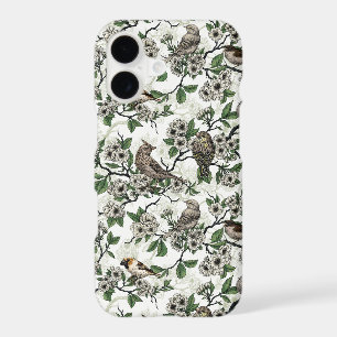 Birds and cherry blossom on white