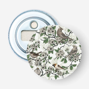 Birds and cherry blossom on white bottle opener