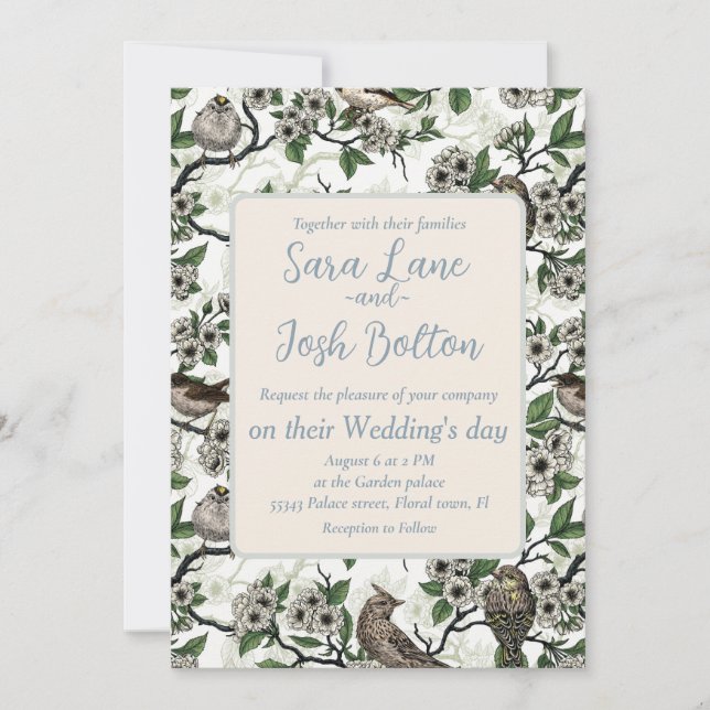 Birds and cherry blossom on white invitation (Front)