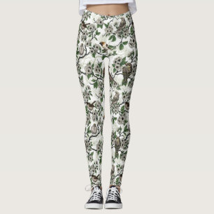 Birds and cherry blossom on white leggings