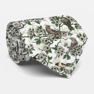 Birds and cherry blossom on white tie