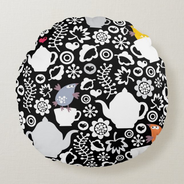 Birds and cups pattern round cushion (Front)