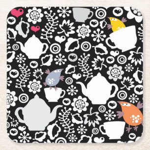 Birds and cups pattern square paper coaster
