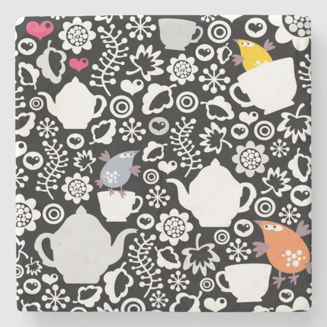 Birds and cups pattern stone coaster (Front)