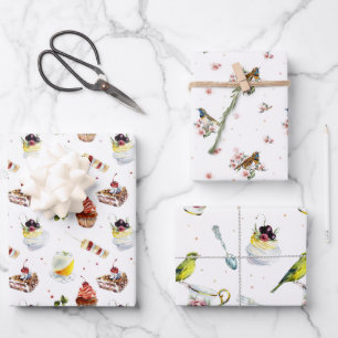 Birds and Desserts Watercolor Wedding Shower Wrapping Paper Sheet