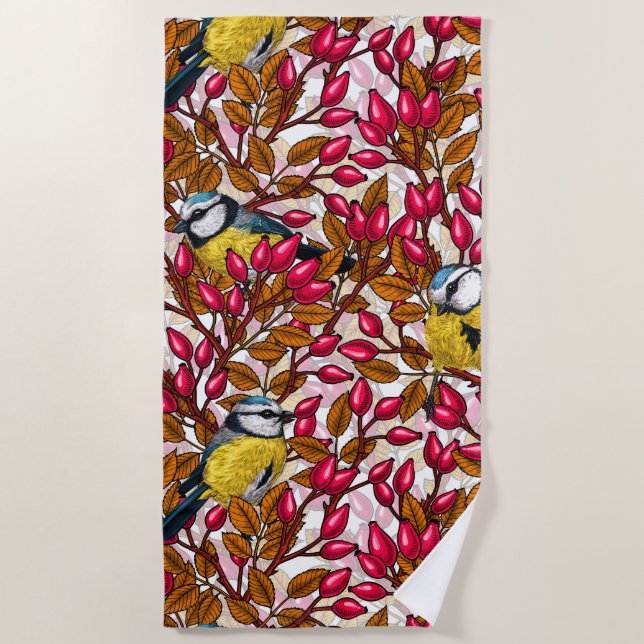 Birds and dog rose hips beach towel (Front)