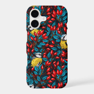 Birds and dog rose hips, blue and red