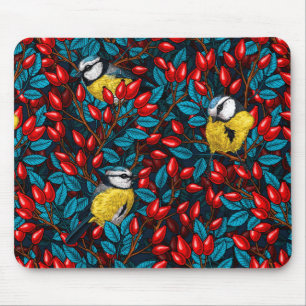 Birds and dog rose hips, blue and red mouse mat