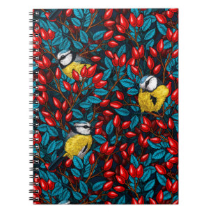 Birds and dog rose hips, blue and red notebook