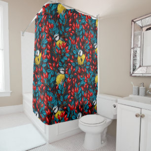 Birds and dog rose hips, blue and red shower curtain