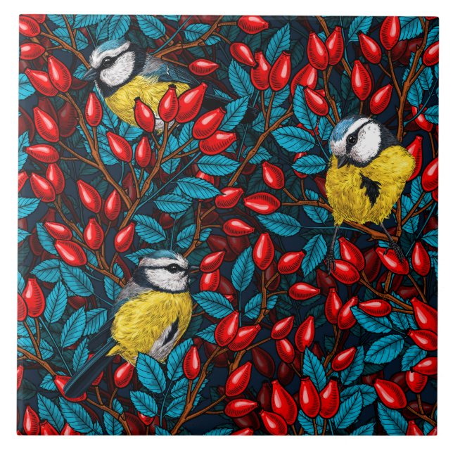 Birds and dog rose hips, blue and red tile (Front)