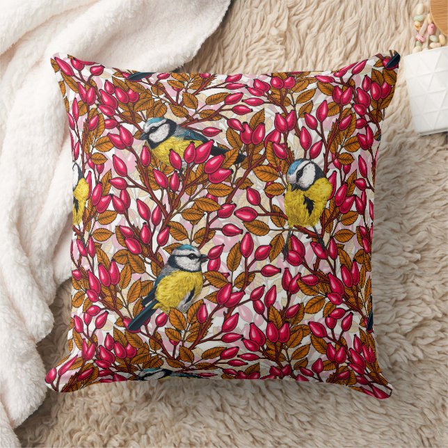 Birds and dog rose hips cushion (Blanket)