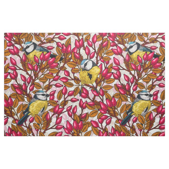Birds and dog rose hips fabric (Fat Quarter)