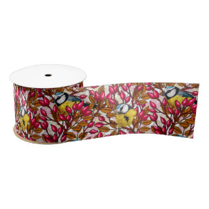 Birds and dog rose hips satin ribbon