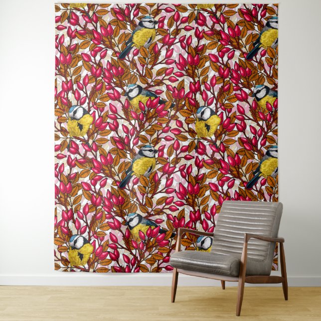 Birds and dog rose hips tapestry (In Situ)