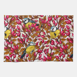 Birds and dog rose hips tea towel