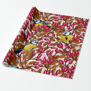 Birds and dog rose hips wrapping paper