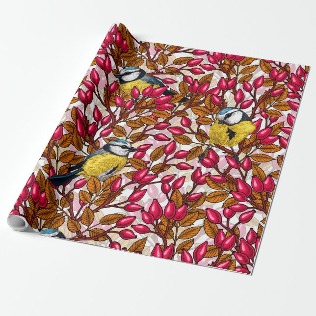Birds and dog rose hips wrapping paper (Unrolled)