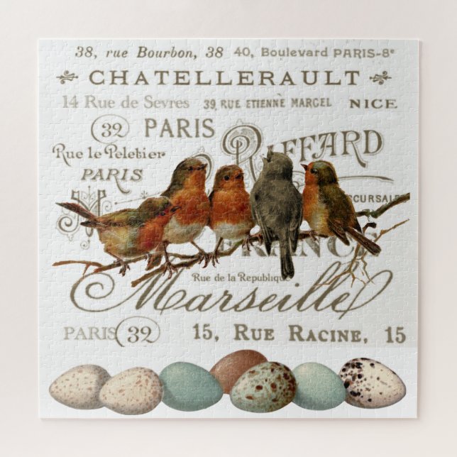 Birds and Eggs Vintage French City Names Puzzle    (Horizontal)