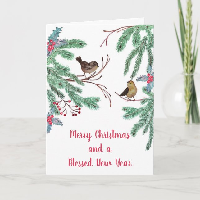 Birds and Evergreen Leaves Berries Christmas Holiday Card (Front)