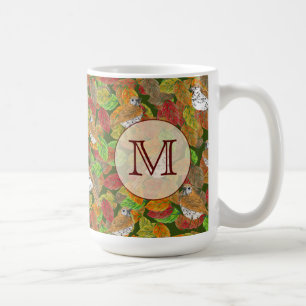Birds and fall leaves custom initial monogram coffee mug
