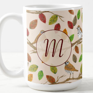 Birds and fall leaves custom initial monogram coffee mug