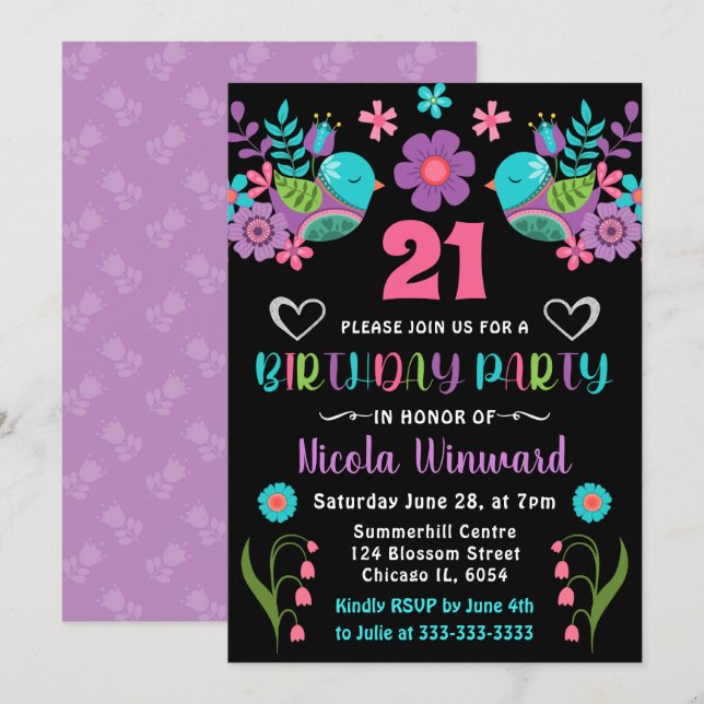 Birds and Floral Mexican Fiesta Birthday Party Invitation (Front/Back)
