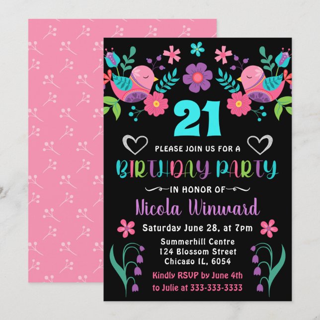 Birds and Floral Mexican Fiesta Birthday Party Invitation (Front/Back)