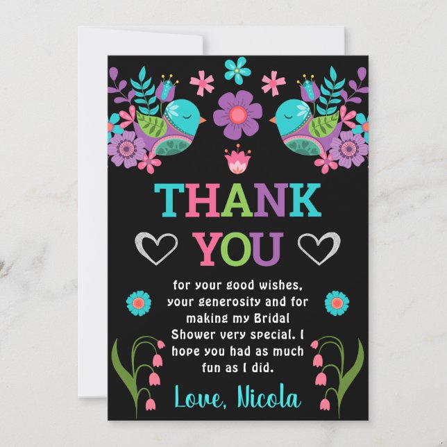 Birds and Floral Mexican Fiesta Bridal Shower Thank You Card (Front)