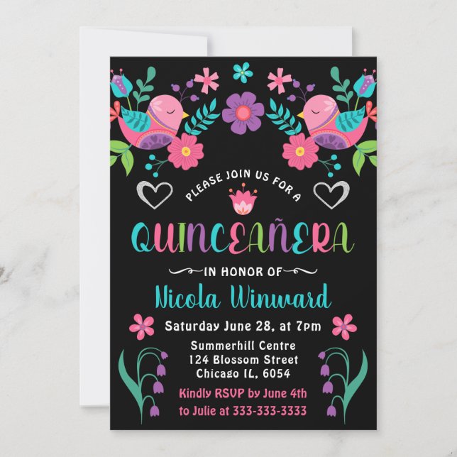 Birds and Floral Mexican Fiesta Quinceañera Invitation (Front)