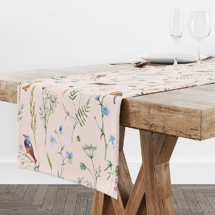 Birds And Floral Spring Summer Watercolor Long Table Runner