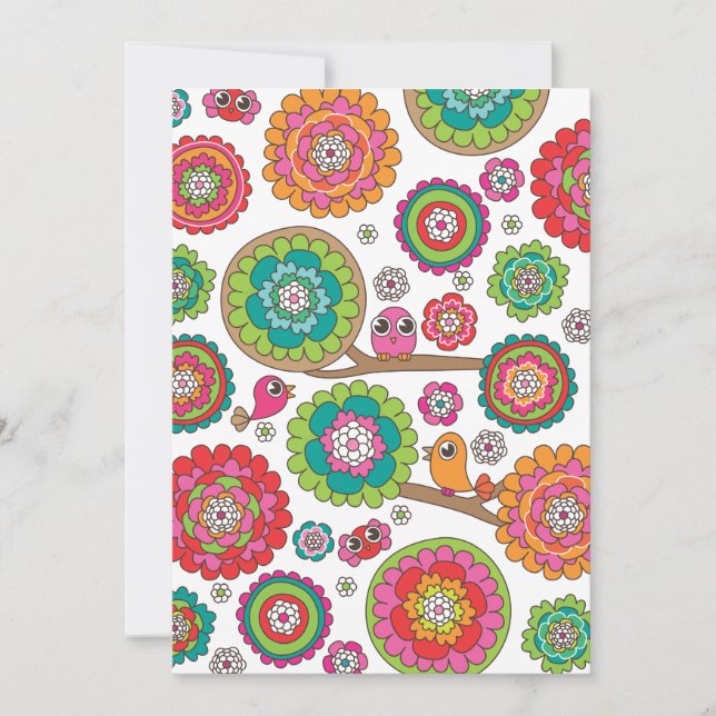 Birds and flowers illustration invitation card (Front)