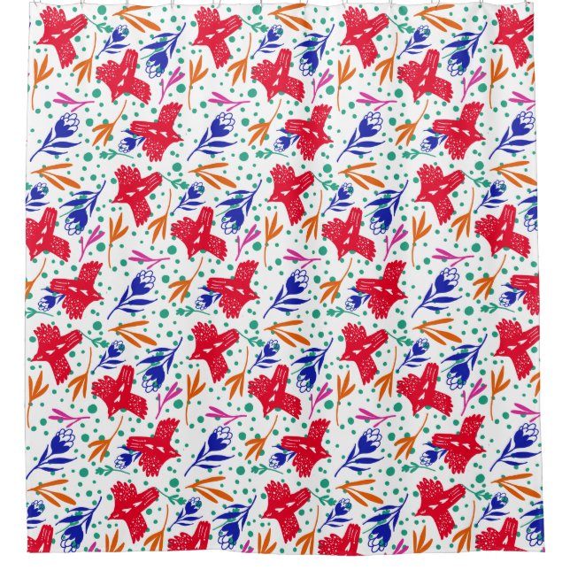 Birds and flowers in colorful pattern shower curtain (Front)