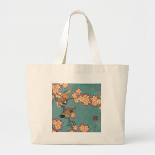 Birds and Flowers Japanese Art Pink Floral Large Tote Bag