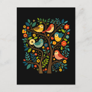 Birds and Flowers Scandinavian Folk Art Holiday Postcard