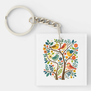 Birds and Flowers Scandinavian Folk Art Key Ring